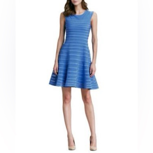 Halston Heritage Blue Illusion Stripe Fit & Flare Dress Size 6 - Picture 3 of 10
